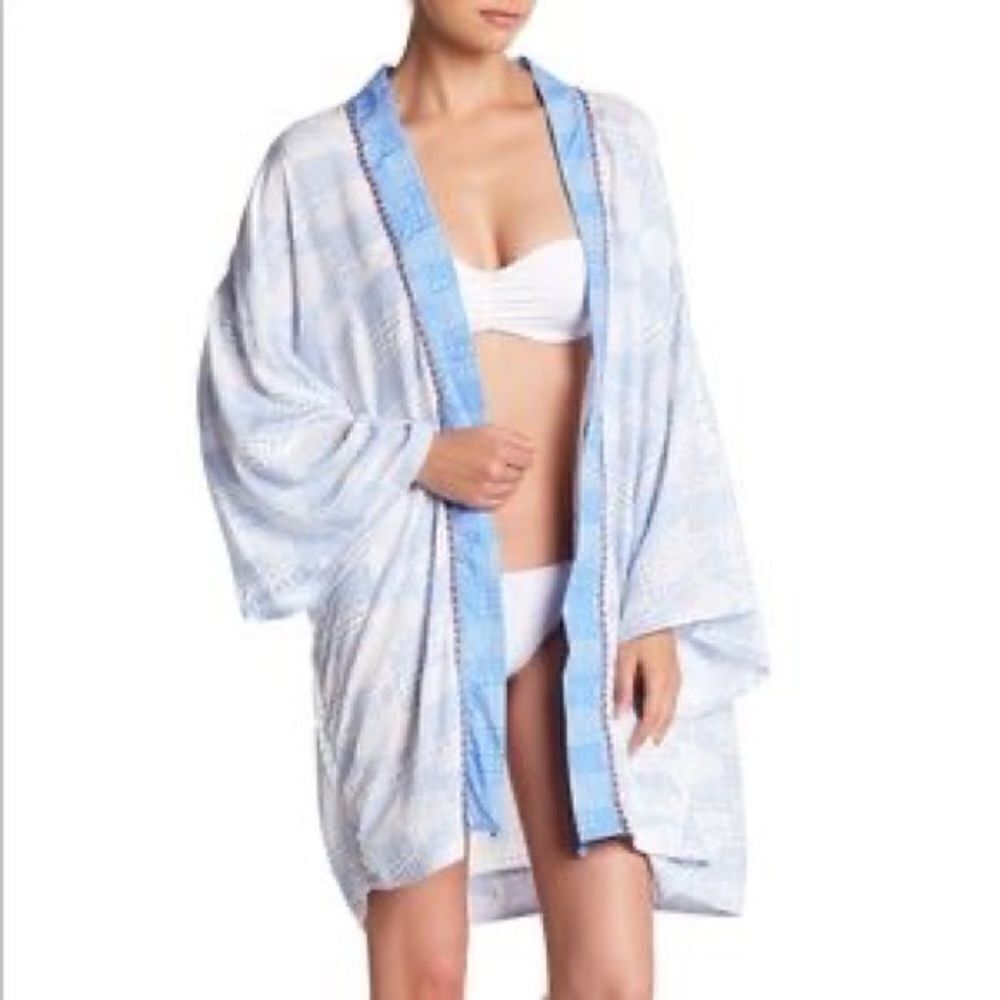 Dolce Vita blue white beaded swim kimono Cover up Sz M